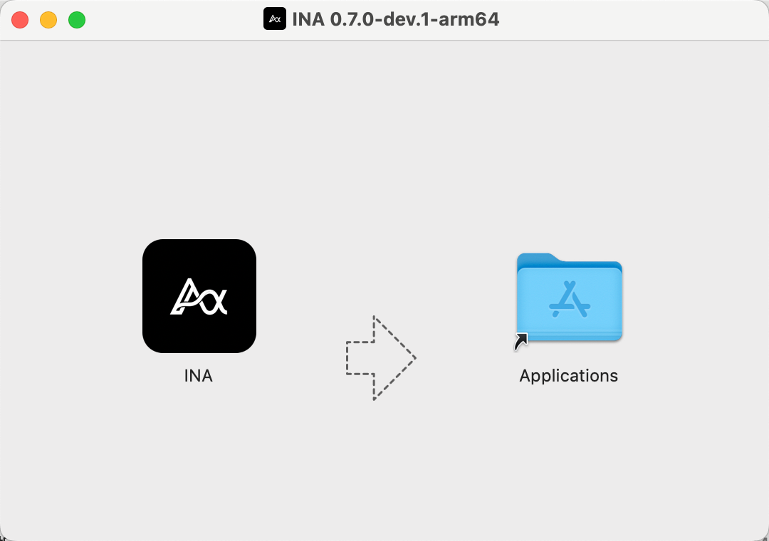 打开 INA 的 macOS 磁盘映像后,将 INA 图标拖到 Applications 文件夹。